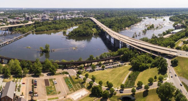 Richmond, Virginia. Aerial view over the Gamblers Hill Park toward the James River. Extra-large, high-resolution stitched panorama.