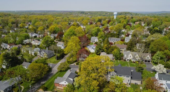 The scenic aerial view of Scarsdale city, Westchester County, New York State, USA, at spring sunny day.