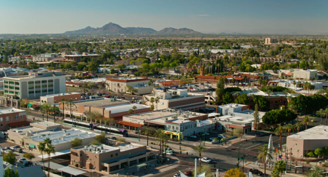 Light Rail Train on Main Street in Mesa, AZ - Aerial