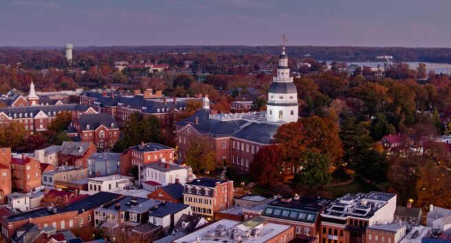 Aerial Shot of State House and St John's College in Annapolis, MD