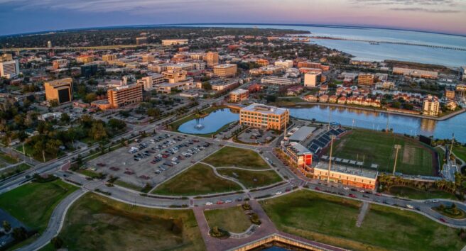 Aerial view of Pensacola in Florida during sunset