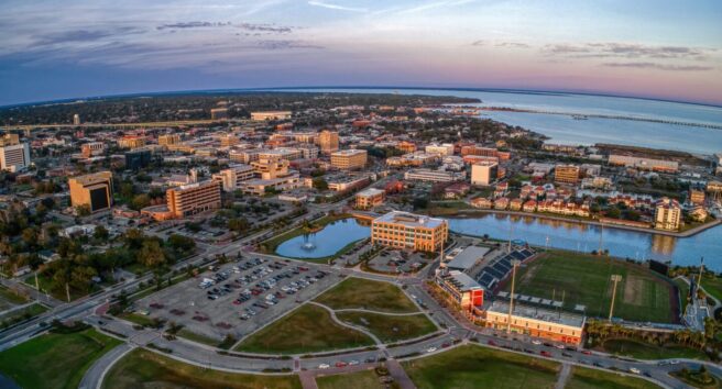 Aerial view of Pensacola in Florida during sunset