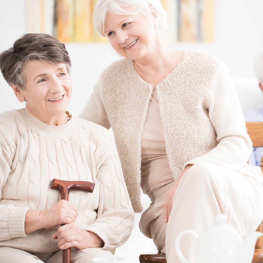 Female seniors socializing over tea at home.