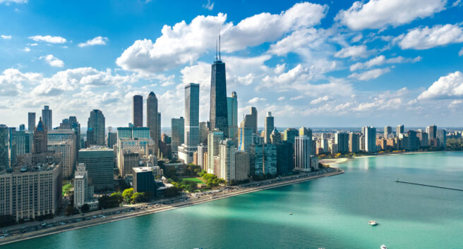 Chicago skyline aerial drone view from above, lake Michigan and city of Chicago downtown skyscrapers cityscape, Illinois, USA