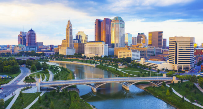 Aerial view of Downtown Columbus Ohio with Scioto river