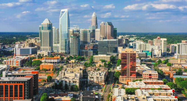 Charlotte North Carolina Uptown downtown aerial view