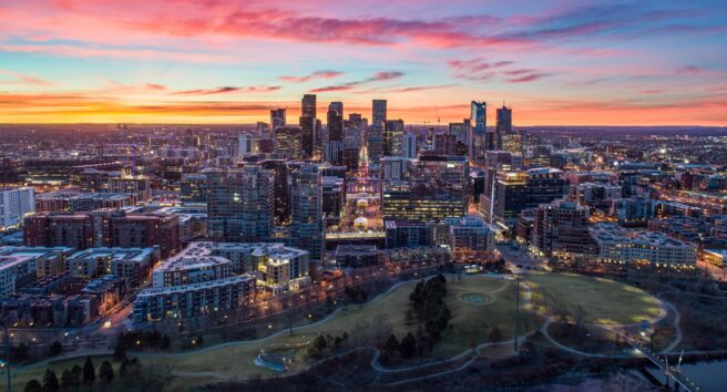 Downtown Denver, Colorado, USA Drone Skyline Aerial Panorama