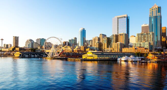 Seattle Downtown Waterfront with Space Needle and Great wheel