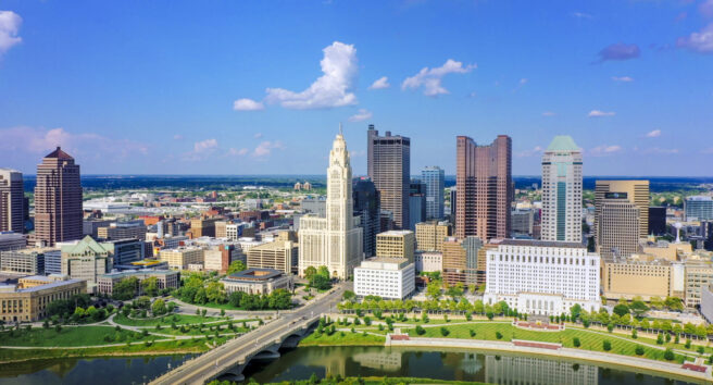 Aerial view of Downtown Columbus Ohio with Scioto river