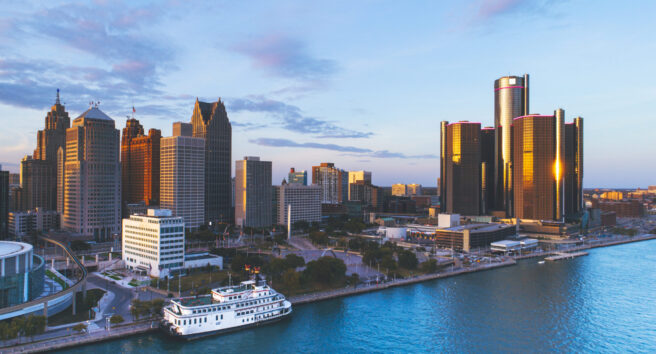 Detroit Michigan Downtown skyline Aerial Sunset