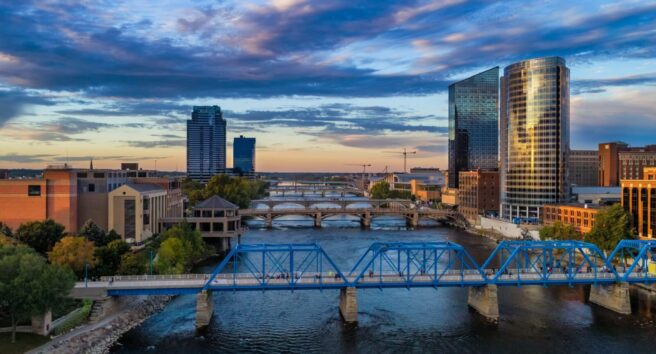 Grand Rapids Aerial at Sunset with River and Bridges