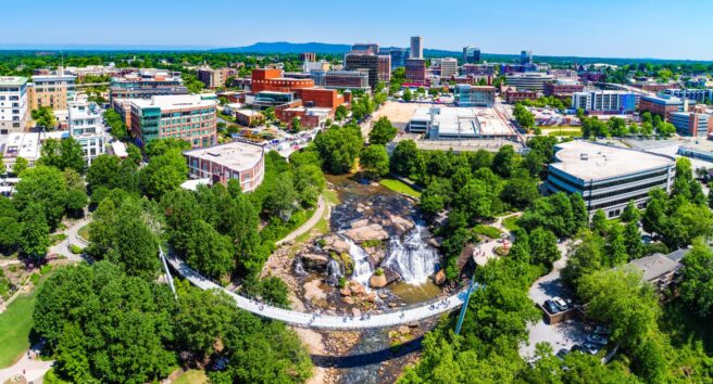 Drone City Aerial of Downtown Greenville South Carolina