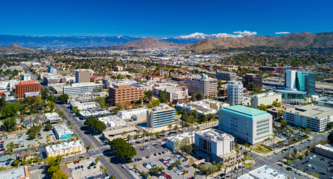 Riverside, California Skyline Aerial With Snowcapped Mountains