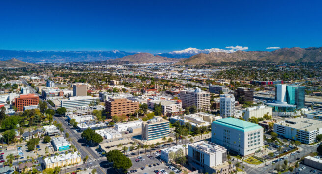 Riverside, California Skyline Aerial With Snowcapped Mountains