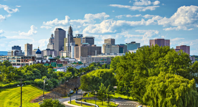 Skyline of Hartford Connecticut on a beautiful sunny day