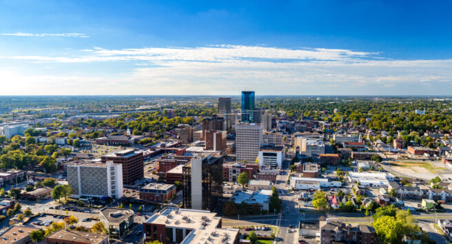 Lexington, KY Downtown Aerial View With Clouds And Blue Sky