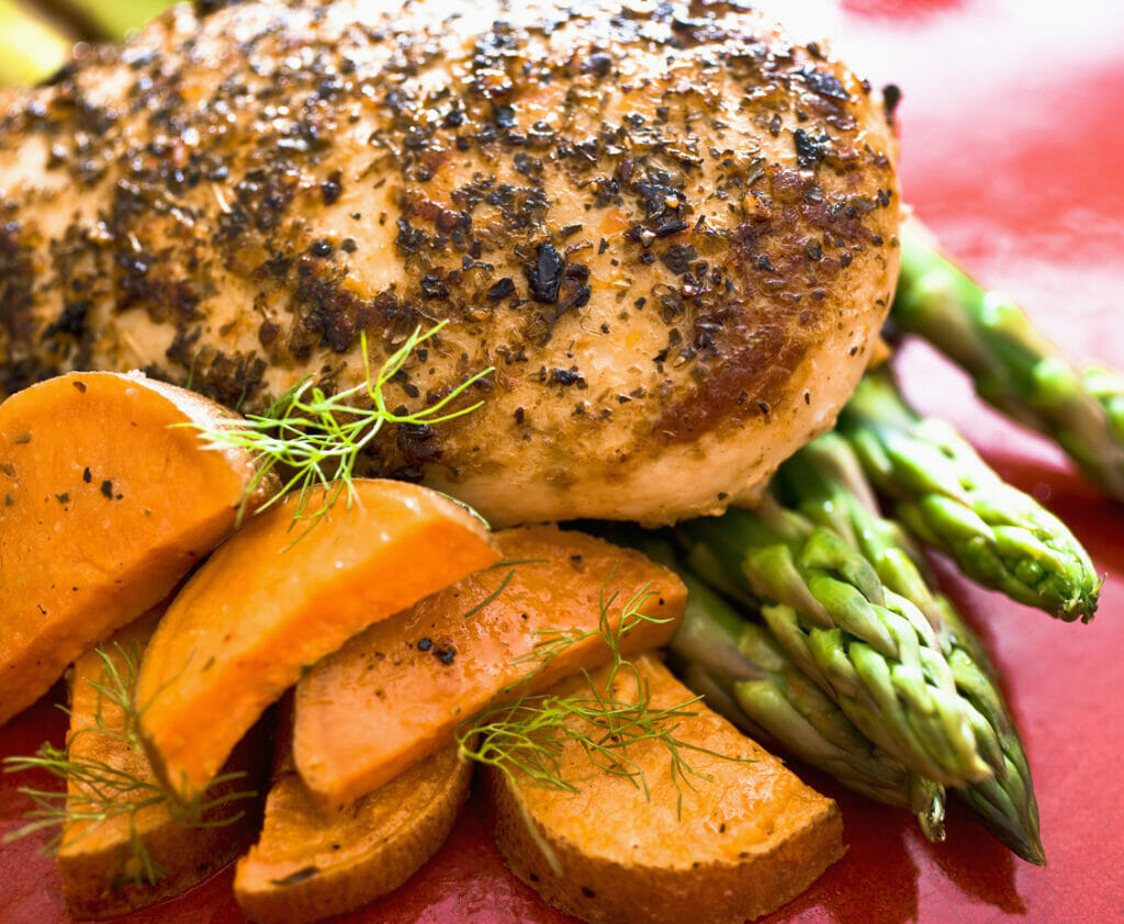 Baked Herb-Crusted Chicken with Sweet Potato Mash