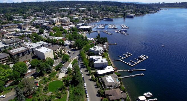 Kirkland, WA Waterfront Aerial Panoramic Lake Washington, Bellevue Skyline