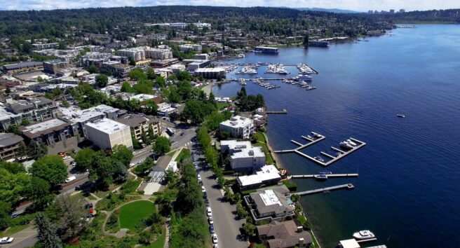 Kirkland, WA Waterfront Aerial Panoramic Lake Washington, Bellevue Skyline