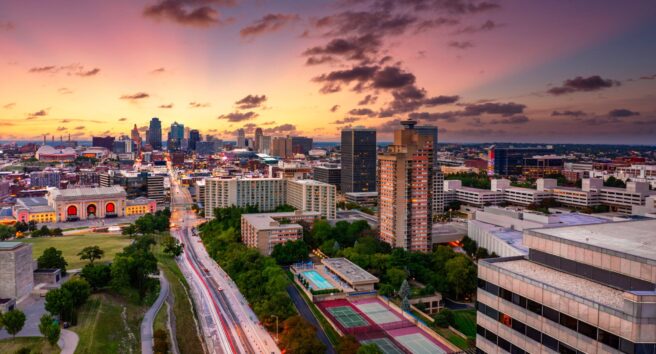 Aerial view of Kansas City skyline at dusk