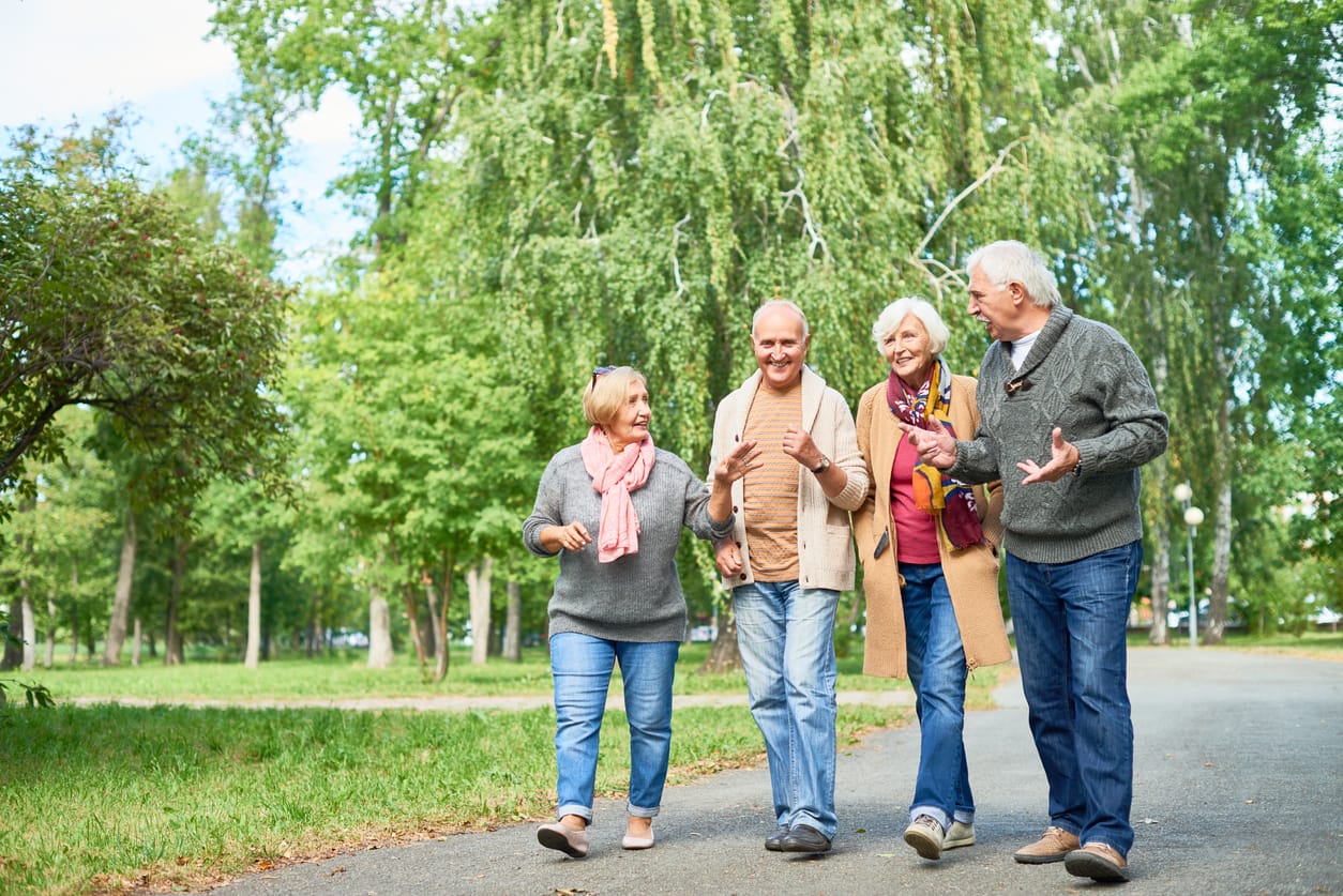 The Importance of Social Interaction for Seniors: Enhance Well-Being & Cognitive Health. A group of seniors enjoy a lively walk together in a green park, engaging in cheerful conversation and sharing laughter. Assisted Living Locators highlights how staying socially active can significantly boost seniors' mental health, emotional well-being, and cognitive vitality, fostering a happier and healthier life.