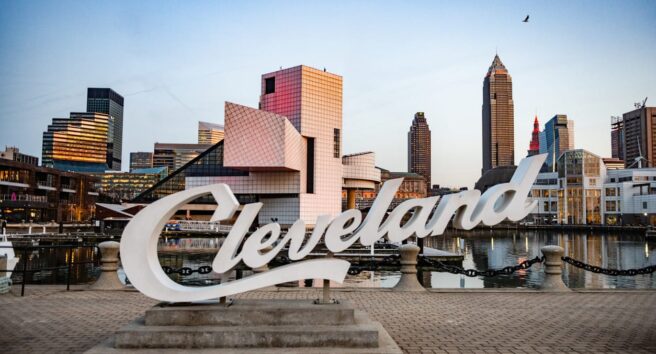 Cleveland Script Sign at Dusk