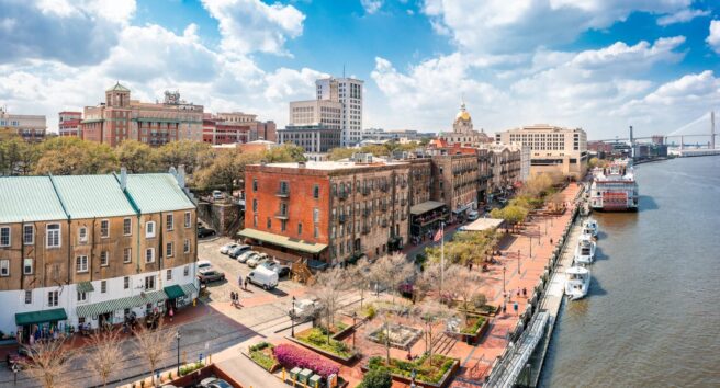 Aerial panorama of Savannah, Georgia skyline
