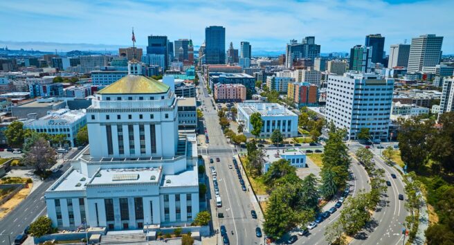 Front of Oakland California courthouse on bright summer day aerial